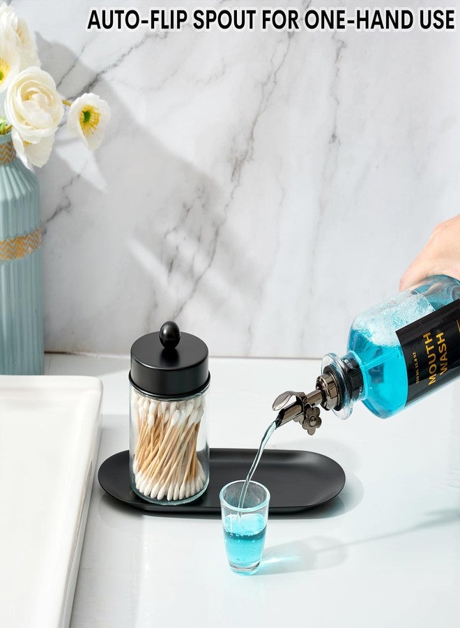 MUVEKA Glass Mouthwash Dispenser Bottle for Bathroom, 11.8oz Mouthwash Decanter with Auto Spout, Stianless Steel Tray, Refillable Cups, Silicone Strips, Reusable Funnel, Golden Stickers, Qtip Holder - Image 3